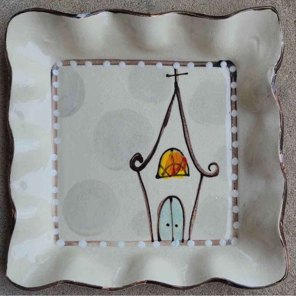 Charming Cream hand made Plate with Whimsical church Design